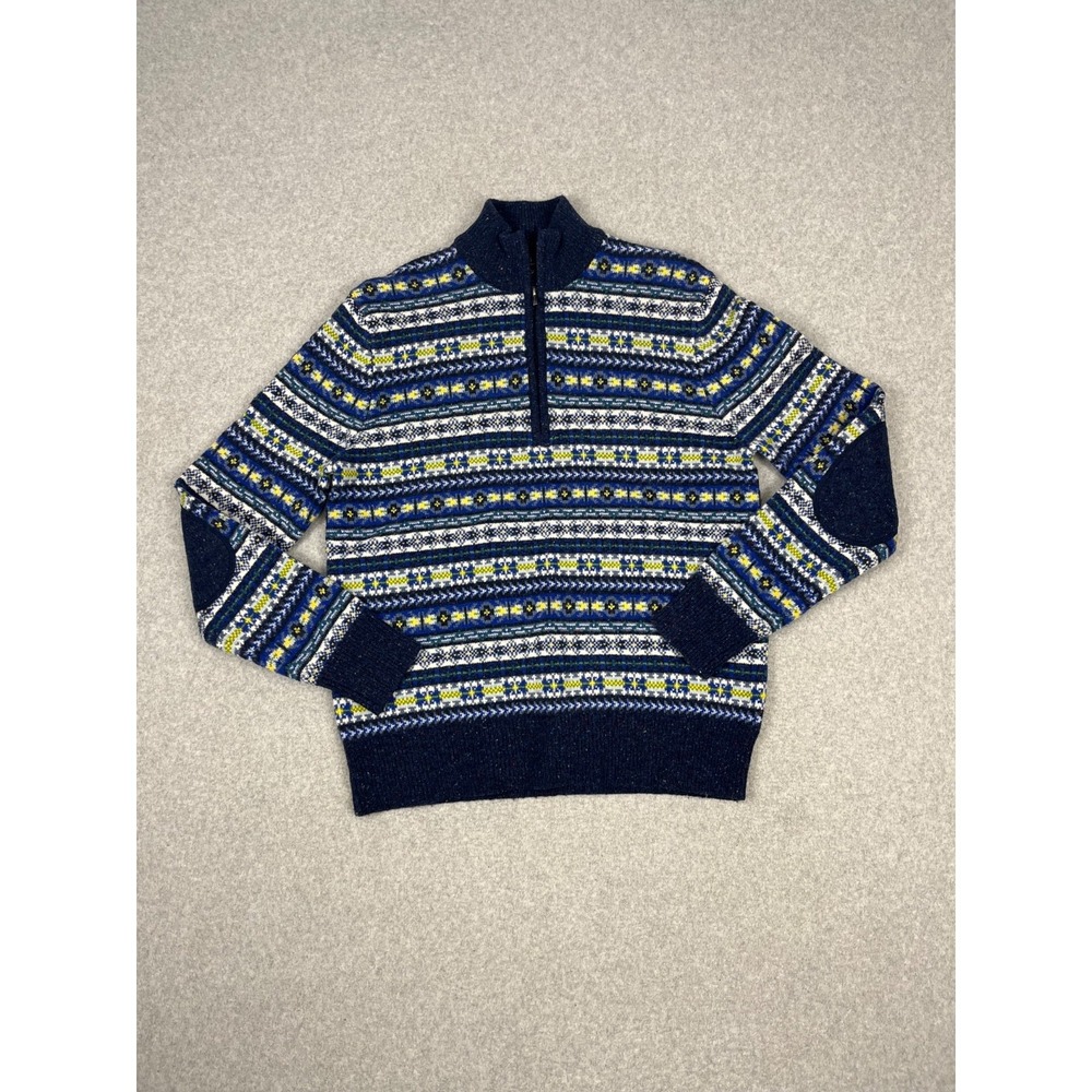 Brooks Brothers Sweater Mens M Blue Fair Isle 1/4 Zip Merino Wool Elbow Patch